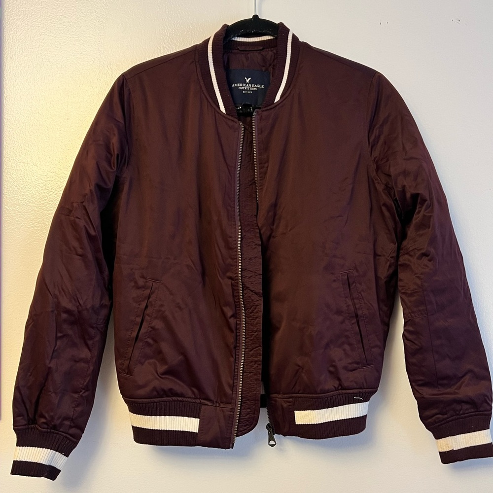 American Eagle Outfitters Women's Wine Bomber Jacket with Contrast Trim